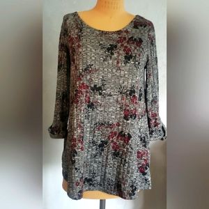 New Derections Long Sleeves Gray Floral Pullover Blouse Size S